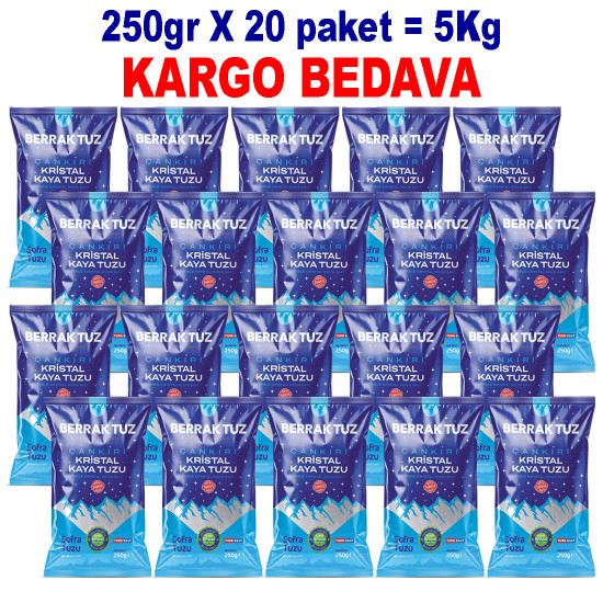 5Kg Sofralık Çankırı Kristal Kaya Tuzu 84 Mineralli 250g X 20 paket