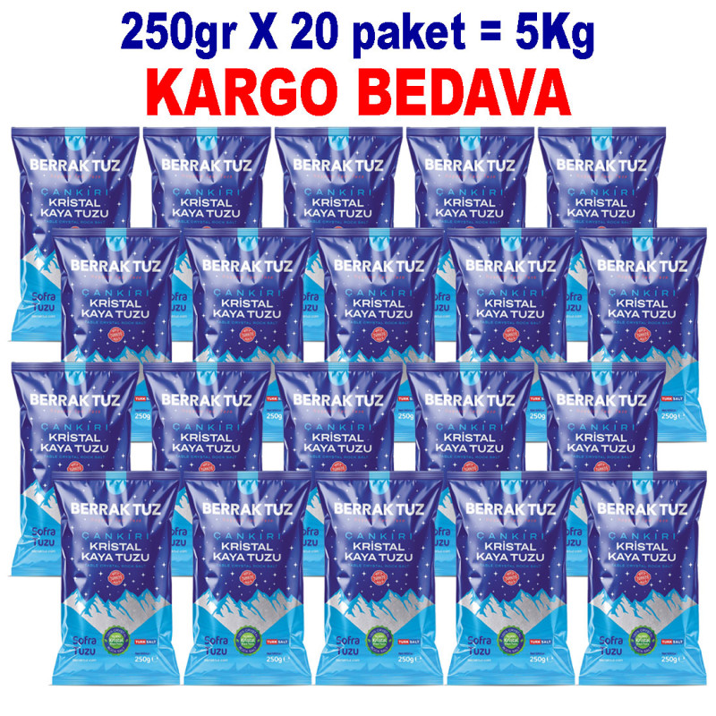5Kg Sofralık Çankırı Kristal Kaya Tuzu 84 Mineralli 250g X 20 paket 5Kg Sofralık Çankırı Kristal Kaya Tuzu 84 Mineralli 250g X 20 paket