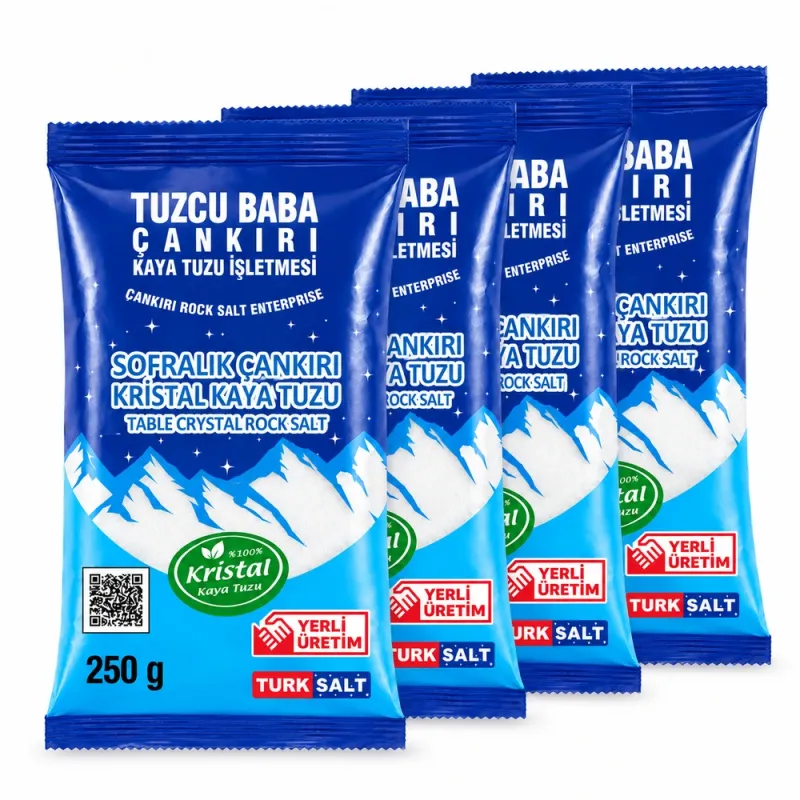 1 Kg Sofralık İnce Çankırı Kristal Kaya Tuzu – 4 × 250 g 1 Kg Sofralık İnce Çankırı Kristal Kaya Tuzu