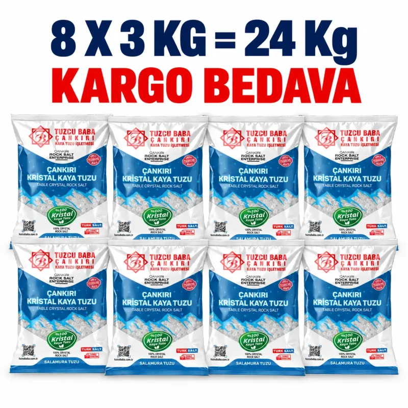 24 Kg Granül İri Çankırı Kristal Kaya Tuzu – 8 × 3 Kg